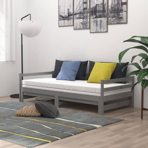 Łóżko wysuwane, 2 x (90x200) cm, szare, lite drewno sosnowe - obrazek 3