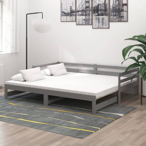 Łóżko wysuwane, 2 x (90x200) cm, szare, lite drewno sosnowe