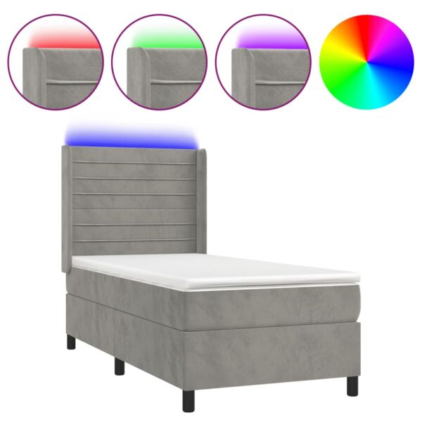 Łóżko kontynentalne z materacem i LED, szare 80x200 cm, aksamit - obrazek 2