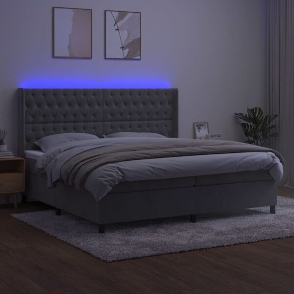 Łóżko kontynentalne z materacem i LED, szare 200x200cm, aksamit - obrazek 3