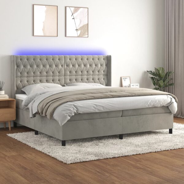 Łóżko kontynentalne z materacem i LED, szare 200x200cm, aksamit