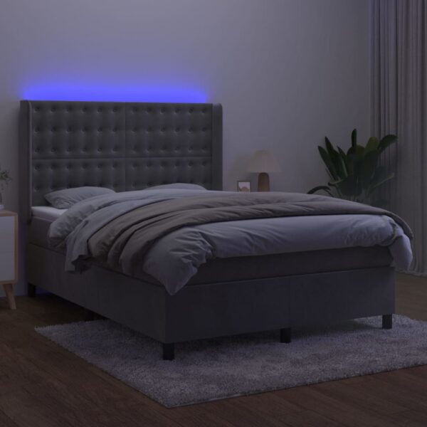 Łóżko kontynentalne z materacem i LED, szare 140x200cm, aksamit - obrazek 3