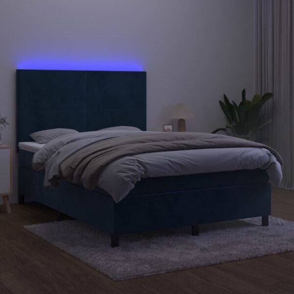 Łóżko kontynentalne, materac i LED, niebieski aksamit 140x190cm - obrazek 4