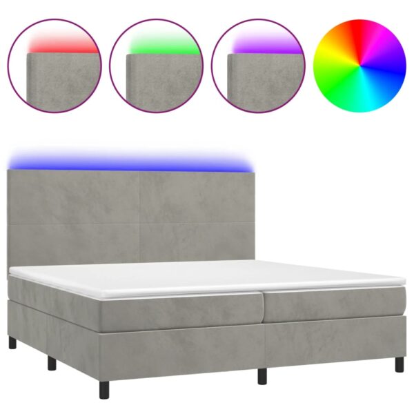 Łóżko kontynentalne z materacem i LED, szare 200x200cm, aksamit - obrazek 2