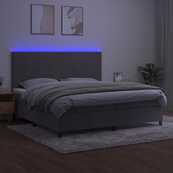 Łóżko kontynentalne z materacem i LED, szare 200x200cm, aksamit - obrazek 4