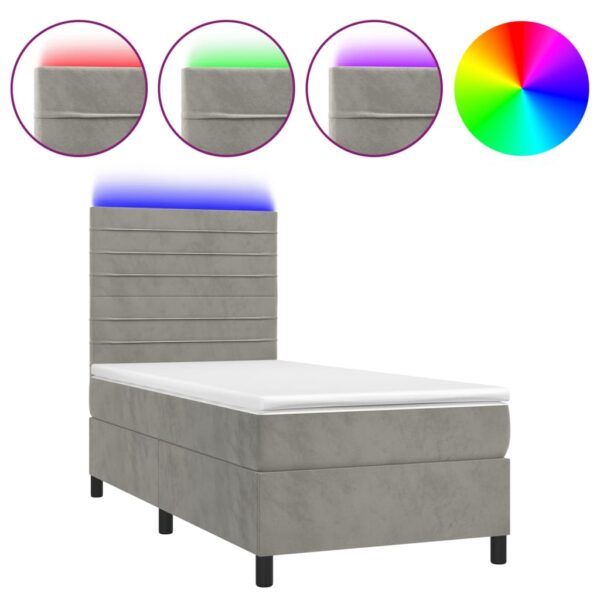 Łóżko kontynentalne z materacem i LED, szare 90x190 cm, aksamit - obrazek 2