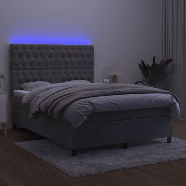 Łóżko kontynentalne z materacem i LED, szare 140x200cm, aksamit - obrazek 4