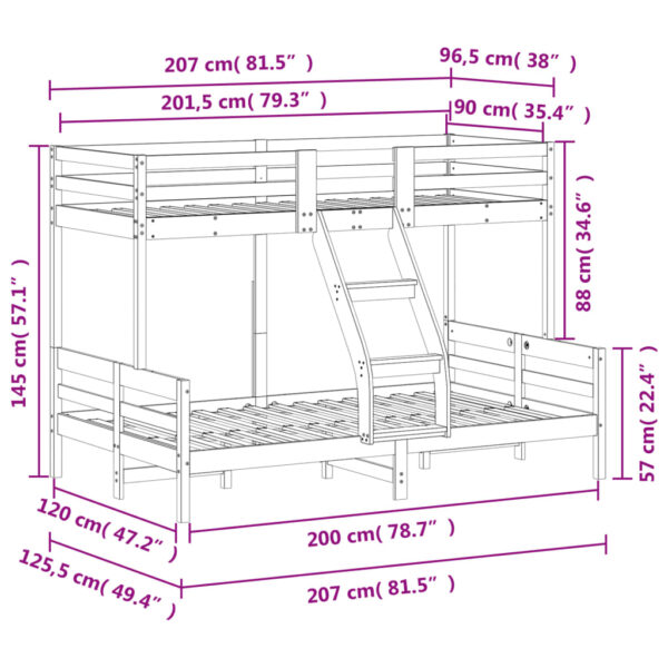 Łóżko piętrowe, 90x200/120x200 cm, białe, lite drewno sosnowe - obrazek 9