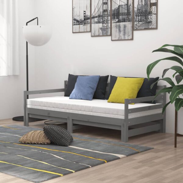 Łóżko wysuwane, 2 x (90x200) cm, szare, lite drewno sosnowe - obrazek 3