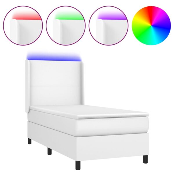 Łóżko kontynentalne z materacem i LED, biała ekoskóra 90x200 cm - obrazek 2