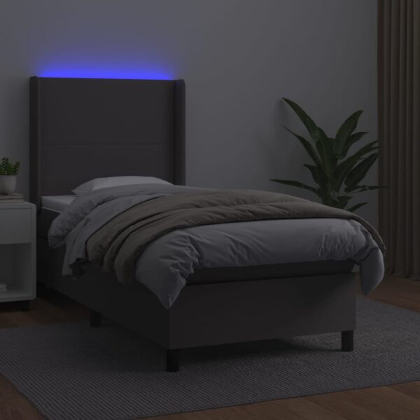 Łóżko kontynentalne z materacem i LED, szara ekoskóra 100x200cm - obrazek 3