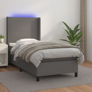 Łóżko kontynentalne z materacem i LED, szara ekoskóra 100x200cm