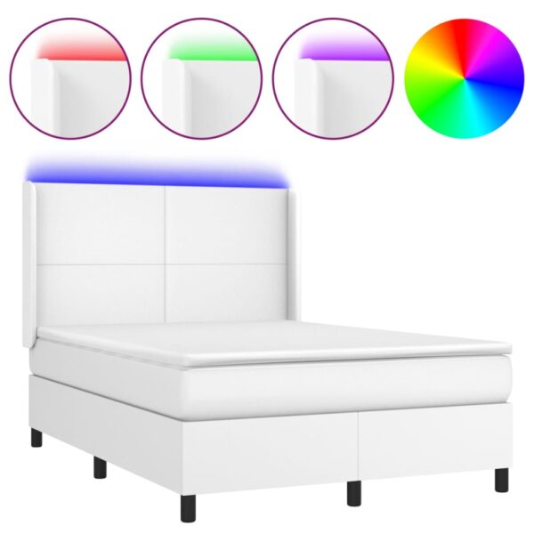 Łóżko kontynentalne z materacem i LED, biała ekoskóra 140x190cm - obrazek 2
