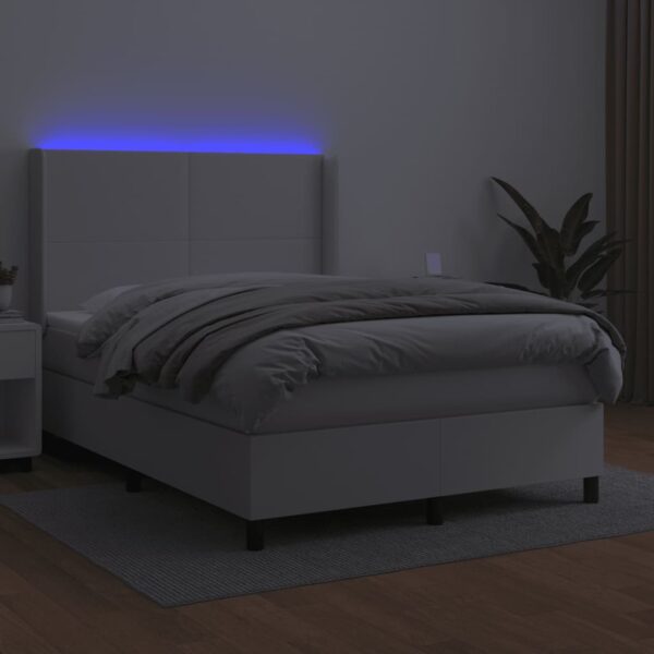 Łóżko kontynentalne z materacem i LED, biała ekoskóra 140x190cm - obrazek 3