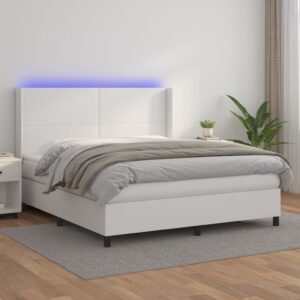 Łóżko kontynentalne z materacem i LED, biała ekoskóra 180x200cm