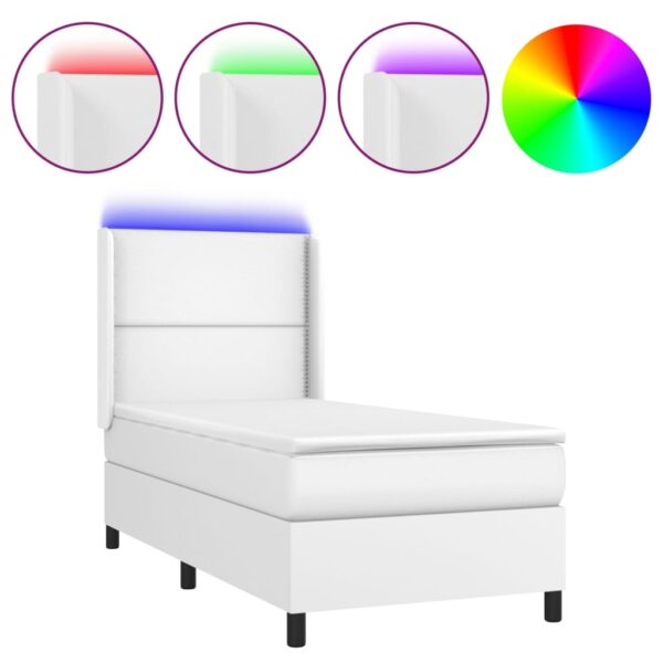 Łóżko kontynentalne z materacem i LED, biała ekoskóra 90x190 cm - obrazek 2