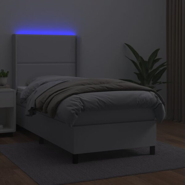 Łóżko kontynentalne z materacem i LED, biała ekoskóra 90x190 cm - obrazek 3
