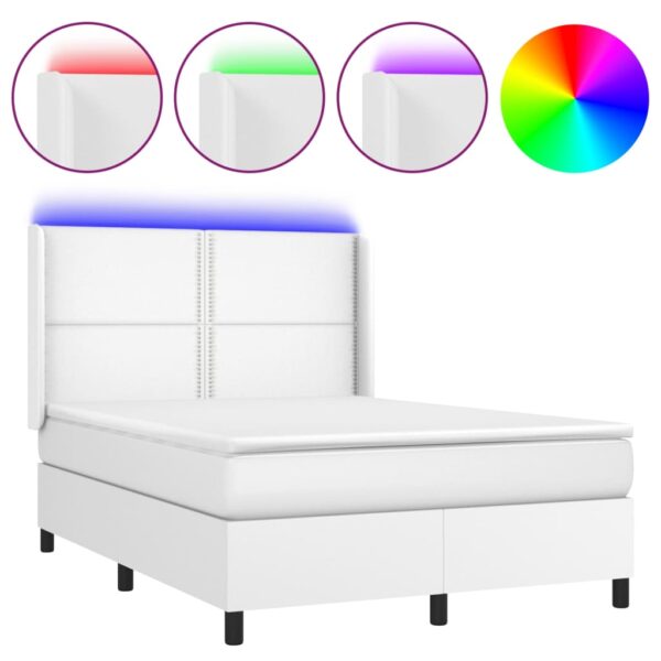 Łóżko kontynentalne z materacem i LED, biała ekoskóra 140x190cm - obrazek 2