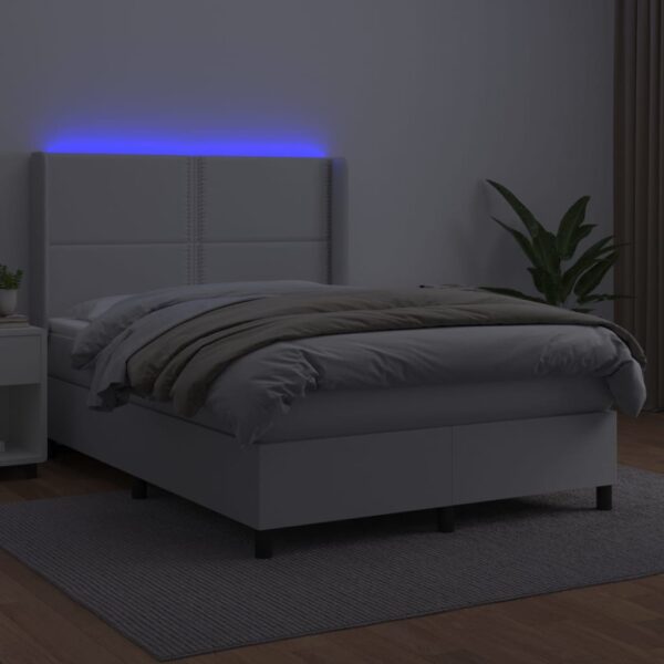 Łóżko kontynentalne z materacem i LED, biała ekoskóra 140x200cm - obrazek 3