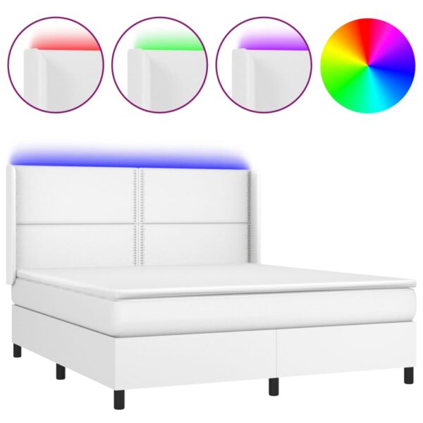 Łóżko kontynentalne z materacem i LED, biała ekoskóra 160x200cm - obrazek 2