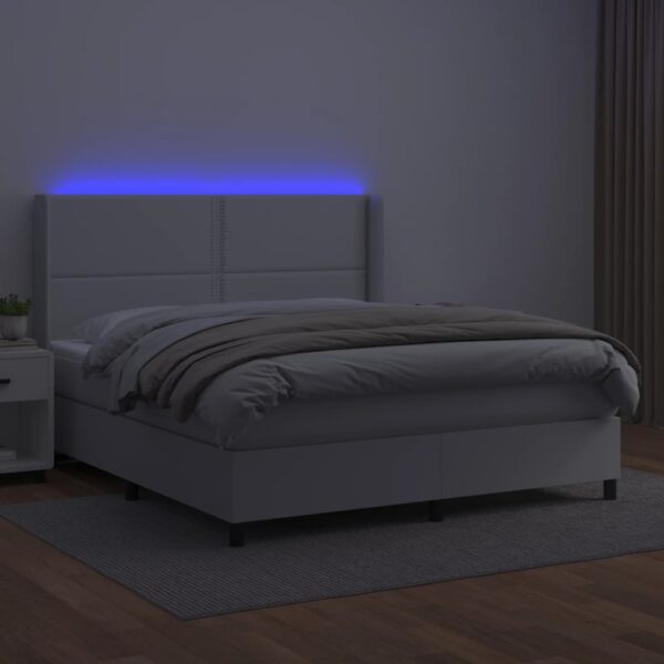 Łóżko kontynentalne z materacem i LED, biała ekoskóra 160x200cm - obrazek 3