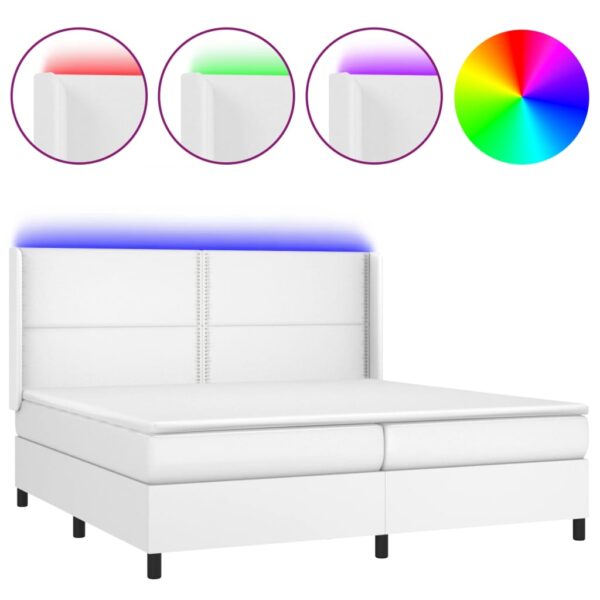 Łóżko kontynentalne z materacem i LED, biała ekoskóra 200x200cm - obrazek 2