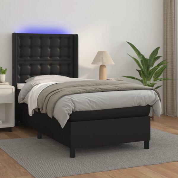 Łóżko kontynentalne z materacem i LED czarna ekoskóra 80x200 cm