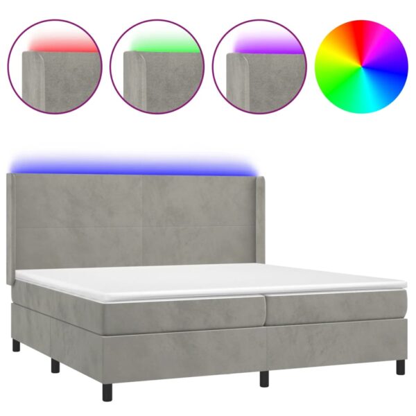 Łóżko kontynentalne z materacem i LED, szare 200x200cm, aksamit - obrazek 2