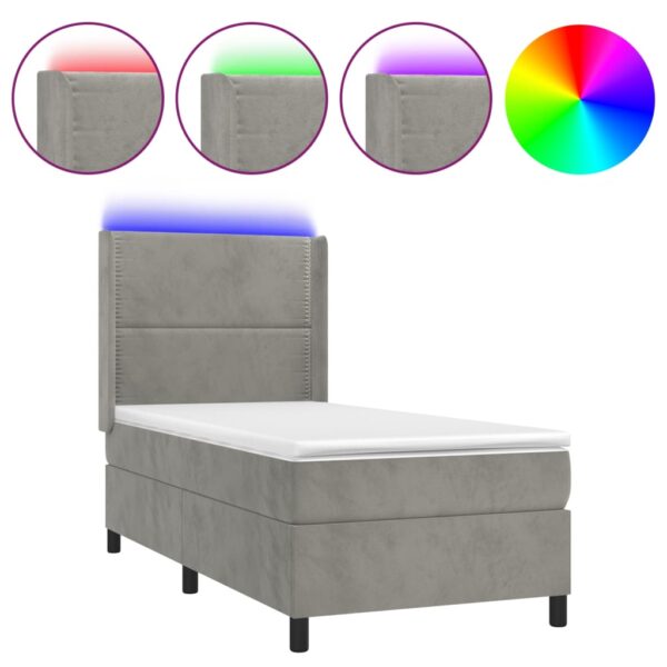 Łóżko kontynentalne z materacem i LED, szare 100x200cm, aksamit - obrazek 2
