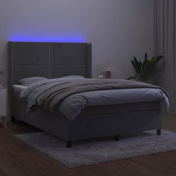 Łóżko kontynentalne z materacem i LED, szare 140x200cm, aksamit - obrazek 3