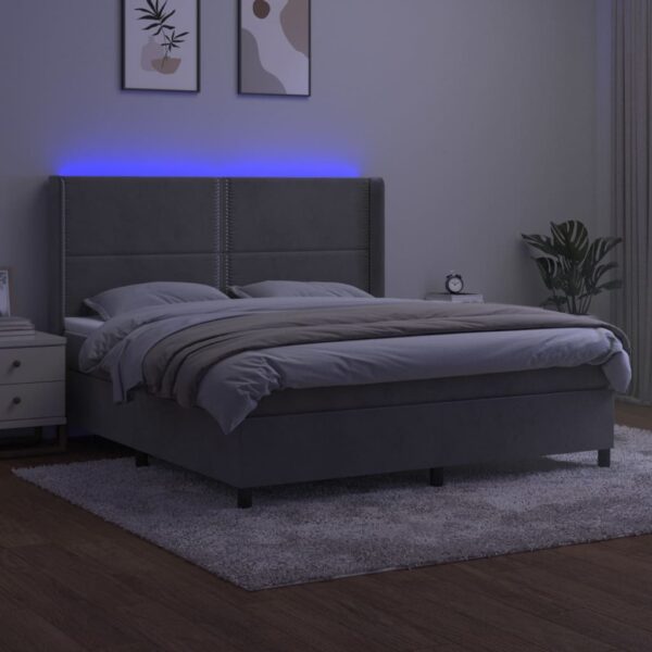 Łóżko kontynentalne z materacem i LED, szare 160x200cm, aksamit - obrazek 3