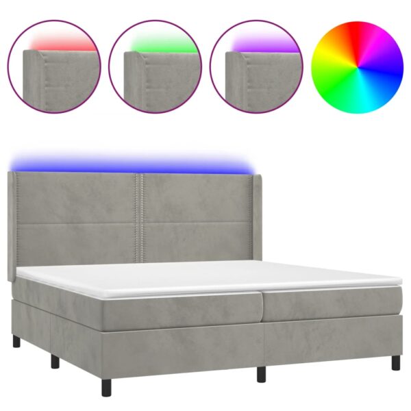 Łóżko kontynentalne z materacem i LED, szare 200x200cm, aksamit - obrazek 2