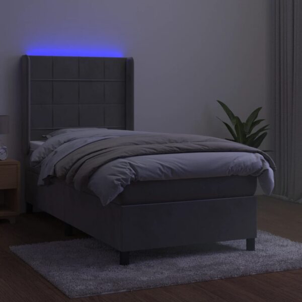 Łóżko kontynentalne z materacem i LED, szare 90x200 cm, aksamit - obrazek 3