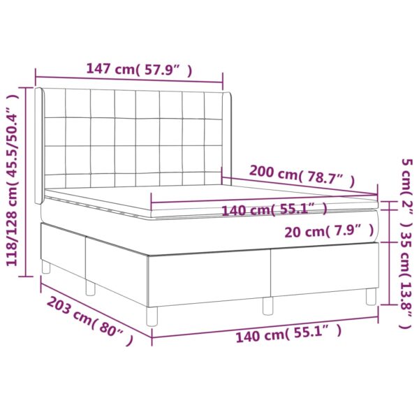 Łóżko kontynentalne z materacem i LED, szare 140x200cm, aksamit - obrazek 8