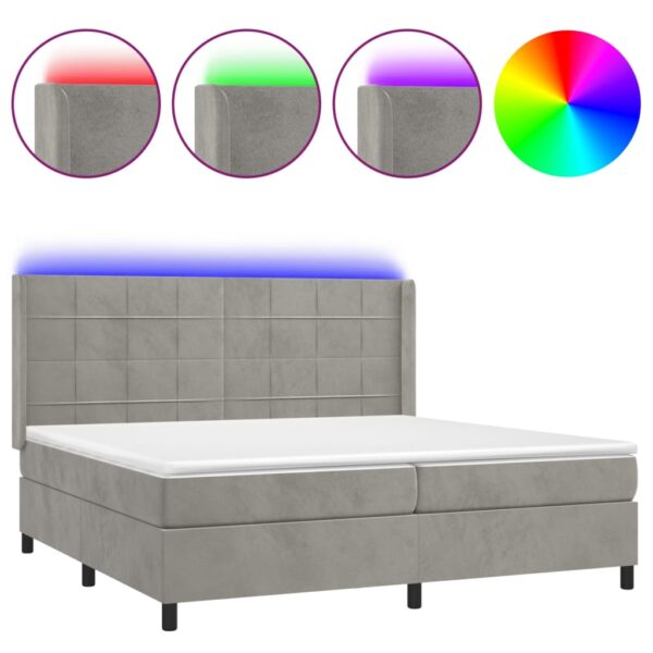 Łóżko kontynentalne z materacem i LED, szare 200x200cm, aksamit - obrazek 2