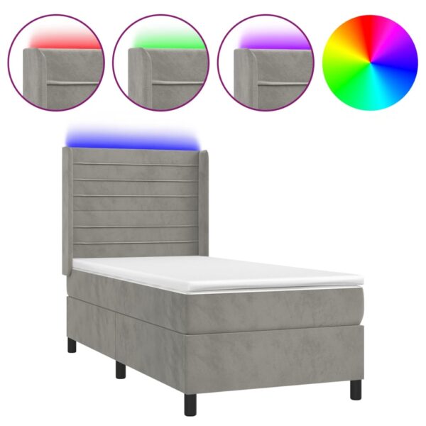 Łóżko kontynentalne z materacem i LED, szare 100x200cm, aksamit - obrazek 2