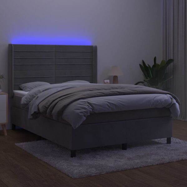 Łóżko kontynentalne z materacem i LED, szare 140x200cm, aksamit - obrazek 3