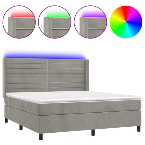 Łóżko kontynentalne z materacem i LED, szare 160x200cm, aksamit - obrazek 2