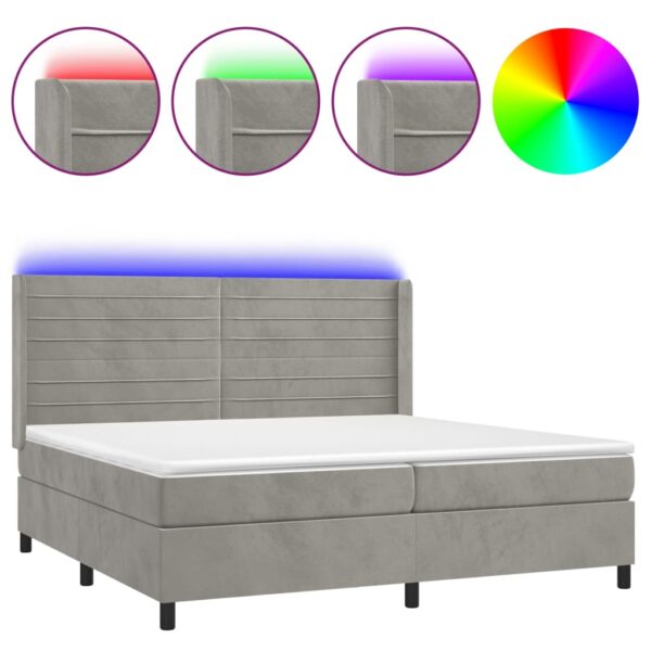 Łóżko kontynentalne z materacem i LED, szare 200x200cm, aksamit - obrazek 2
