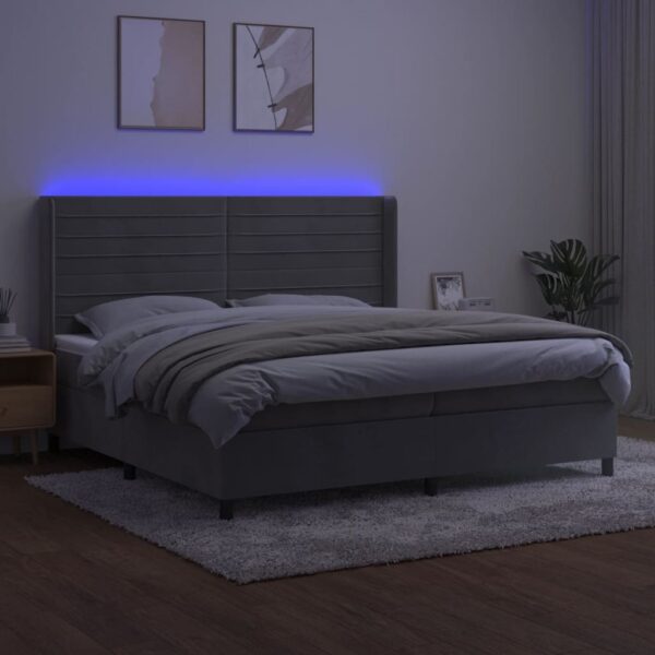Łóżko kontynentalne z materacem i LED, szare 200x200cm, aksamit - obrazek 3