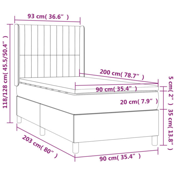 Łóżko kontynentalne z materacem i LED, szare 90x200 cm, aksamit - obrazek 8