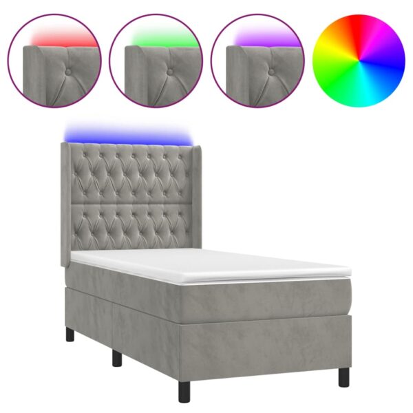 Łóżko kontynentalne z materacem i LED, szare 100x200cm, aksamit - obrazek 2