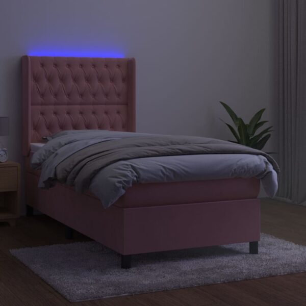 Łóżko kontynentalne z materacem i LED, różowy aksamit 100x200cm - obrazek 3