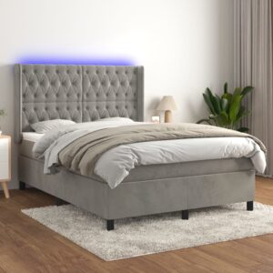 Łóżko kontynentalne z materacem i LED, szare 140x200cm, aksamit