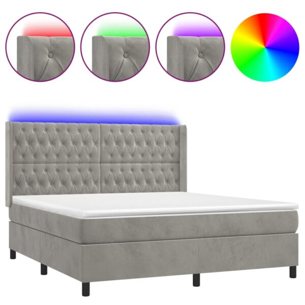 Łóżko kontynentalne z materacem i LED, szare 160x200cm, aksamit - obrazek 2
