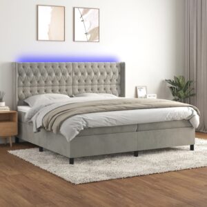 Łóżko kontynentalne z materacem i LED, szare 200x200cm, aksamit