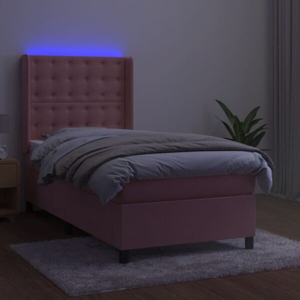 Łóżko kontynentalne z materacem i LED, różowy aksamit 100x200cm - obrazek 3