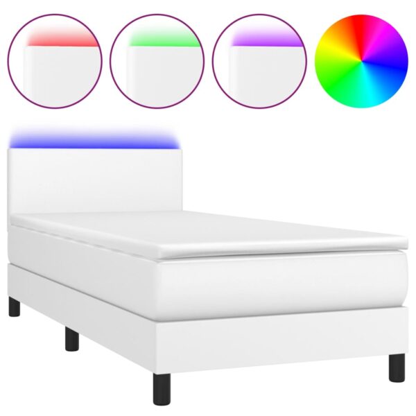 Łóżko kontynentalne z materacem i LED, biała ekoskóra 100x200cm - obrazek 2