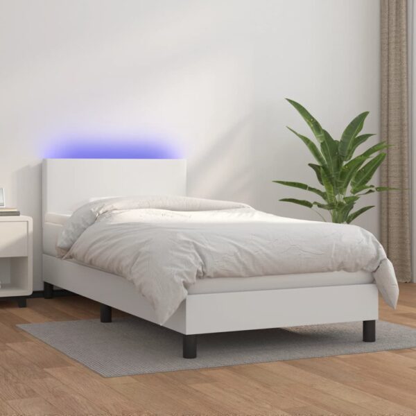 Łóżko kontynentalne z materacem i LED, biała ekoskóra 100x200cm