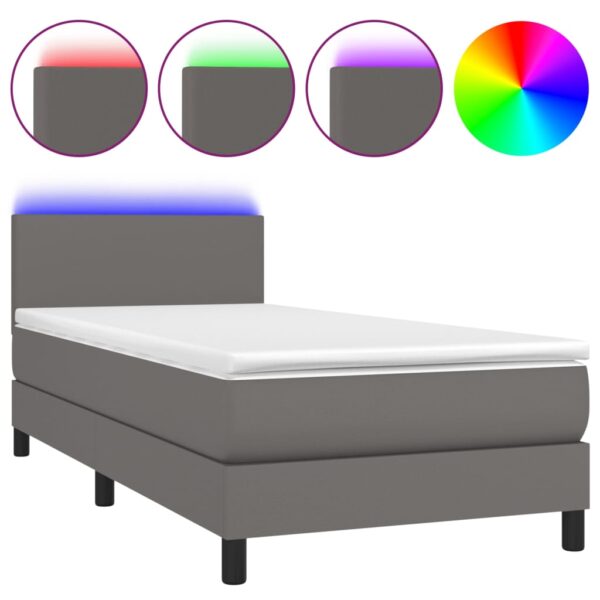 Łóżko kontynentalne z materacem i LED, szara ekoskóra 100x200cm - obrazek 2